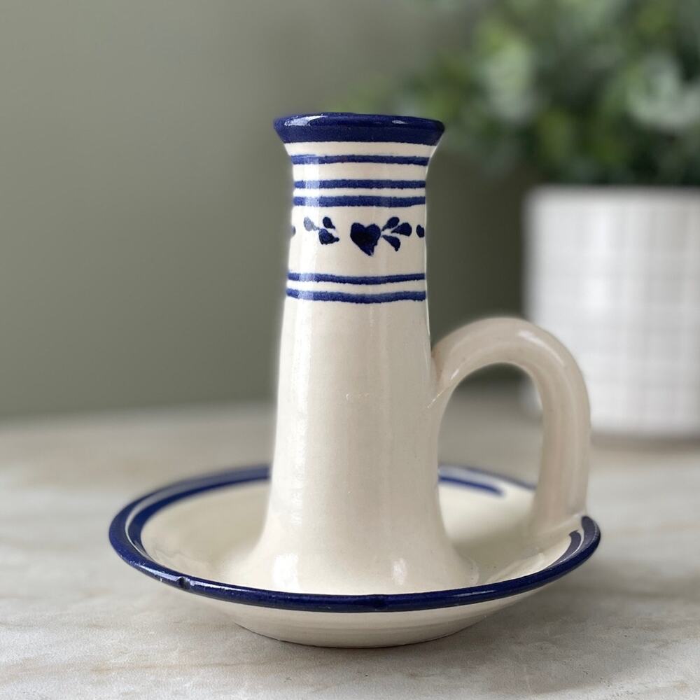 Vintage Stoneware Pottery Chamberstick Candle Holder - Folk Art Cottagecore
